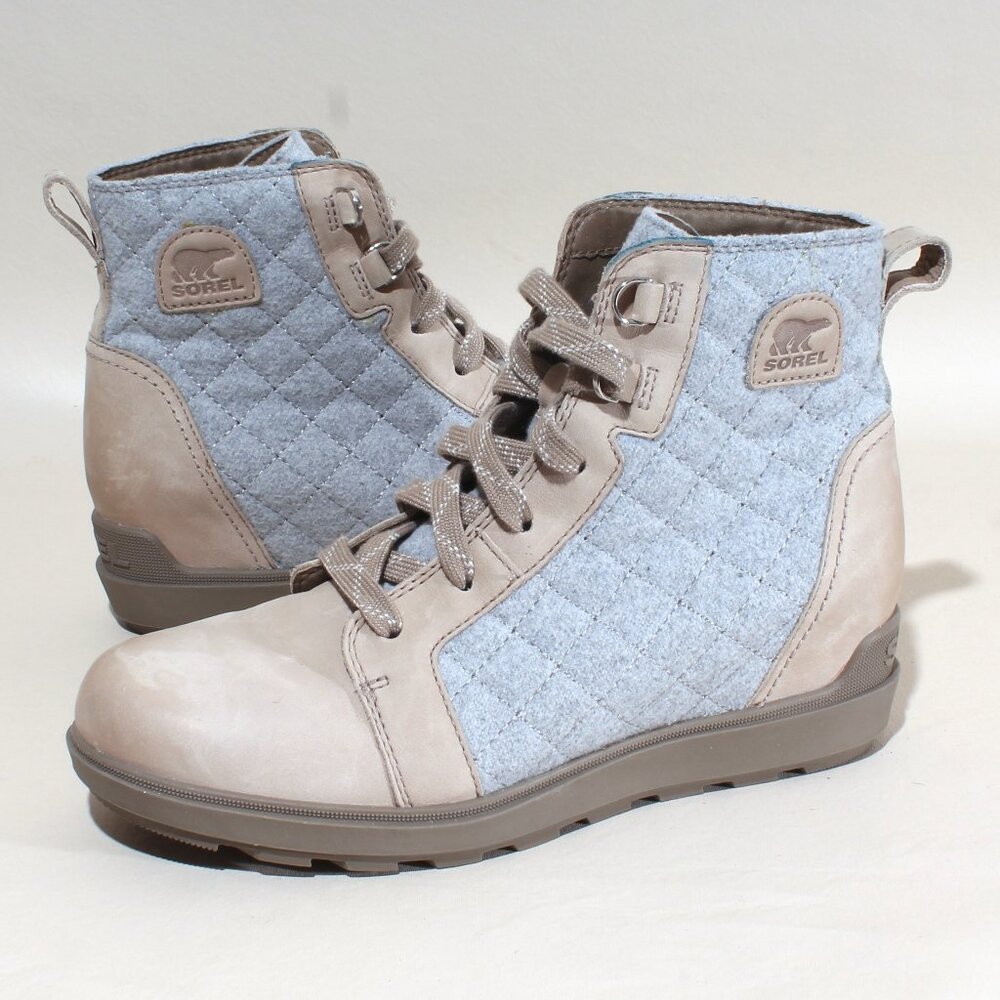 Womens Sorel Booties Size 9.5 Gray & Tan Quilted Lace Up Waterproof Boots